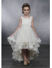 Pearl Neck Ivory Satin Tulle Lace Trim Tiered High Low Flower Girl Dress Pearl Neck Ivory Satin Tulle Lace Trim Tiered High Low Flower Girl Dress